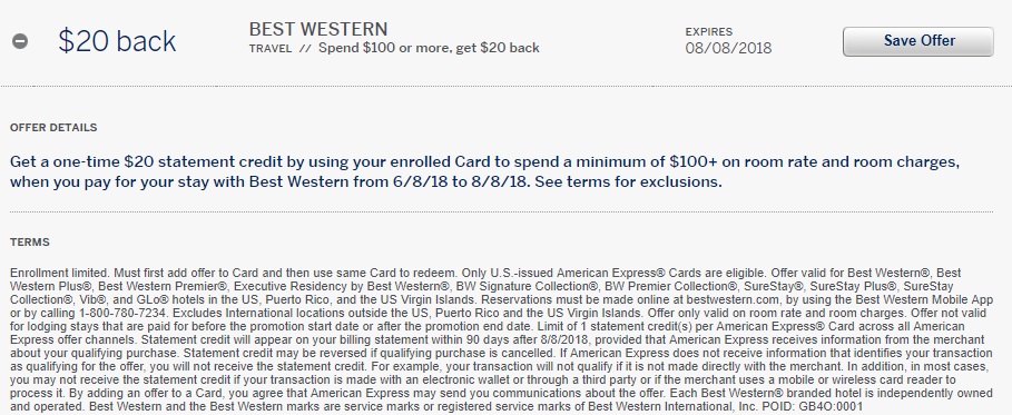 Best Western Amex Offer $20 Statement Credit