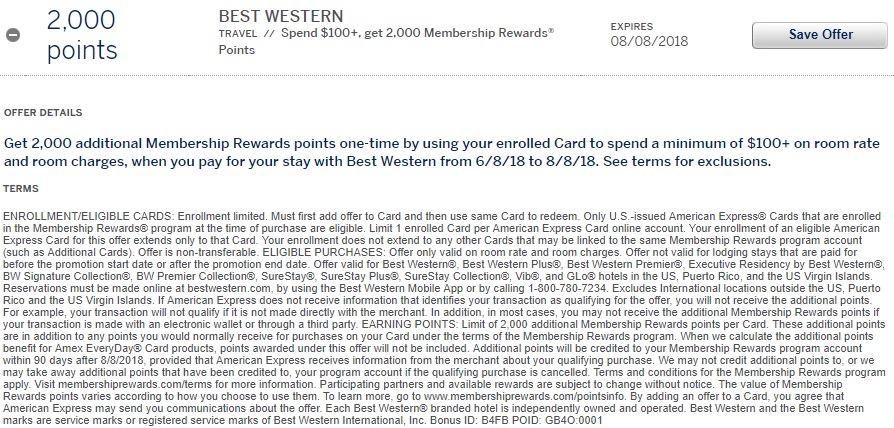 Best Western Amex Offer 2,000 Membership Rewards