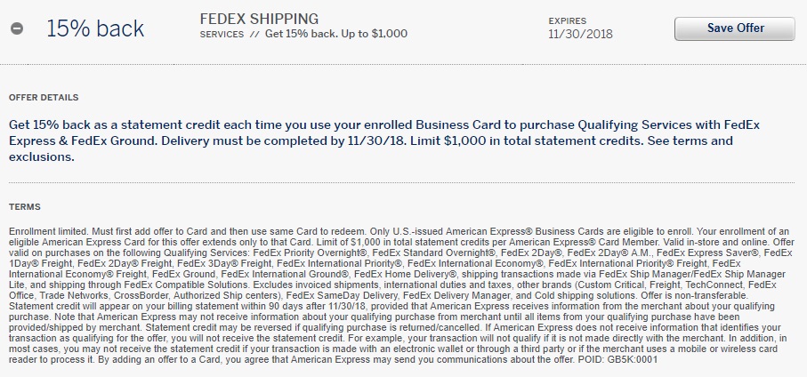 Fedex Shipping Amex Offer 15%