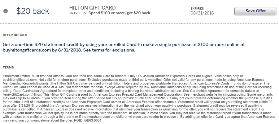 Hilton Gift Card Amex Offer