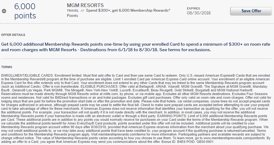 MGM Resorts Amex Offer Terms 6,000 Membership Rewards