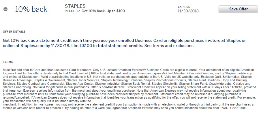 Staples Amex Offer