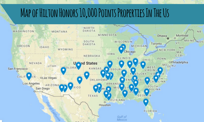 Map of Hilton Honors 10,000 Point Properties In The US