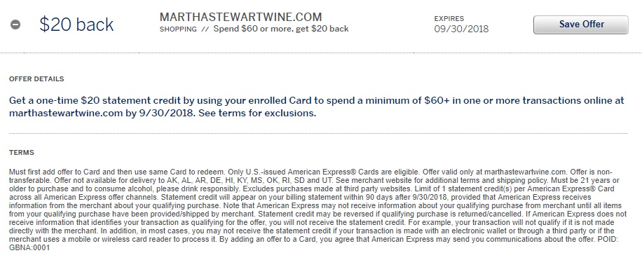 Martha Stewart Wine Amex Offer $20