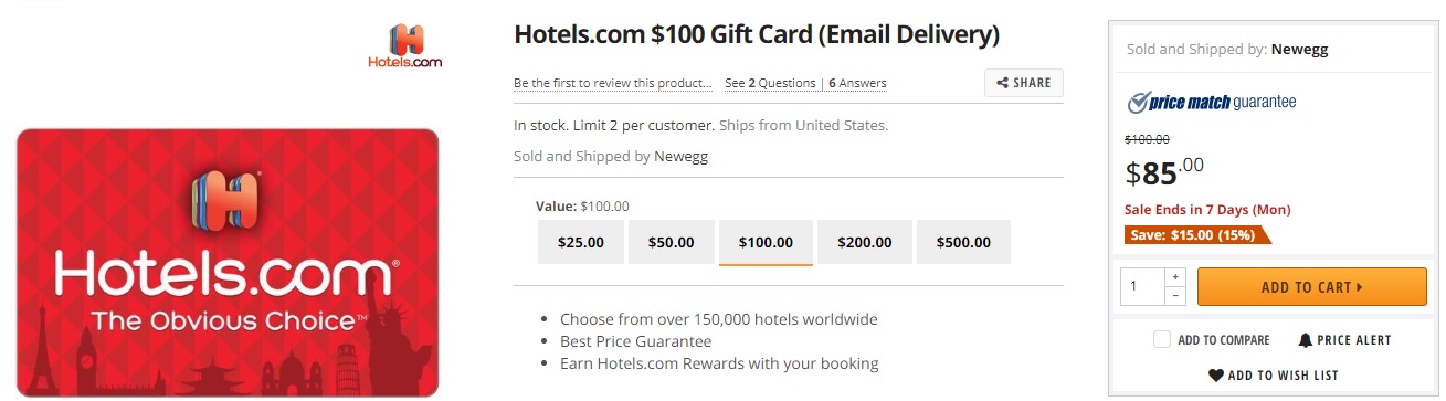 Newegg Hotels Discounted gift card