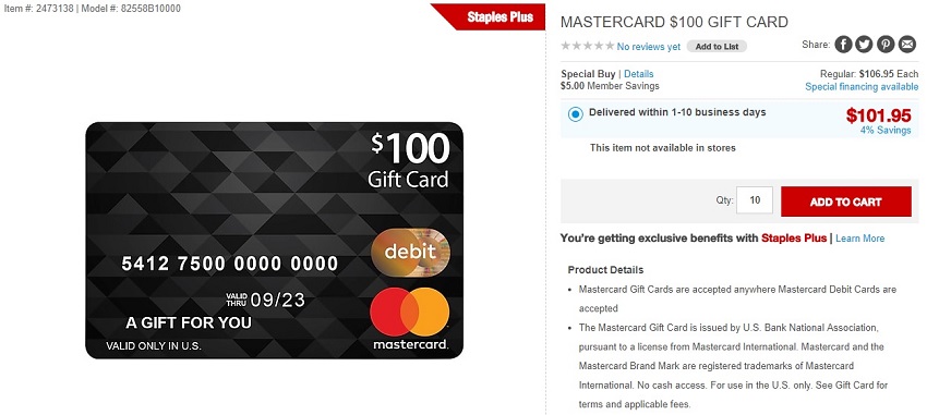 Staples $100 Mastercard Gift Cards