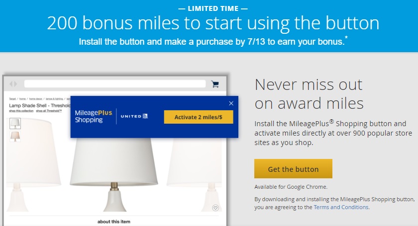 United MileagePlus Shopping Portal Button 200 Miles