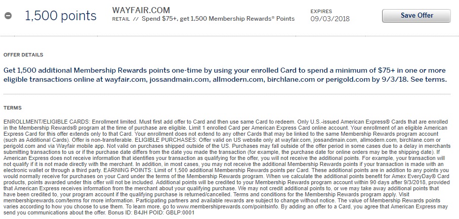 Wayfair Amex Offer Spend $75 Get 1,500 Membership Rewards