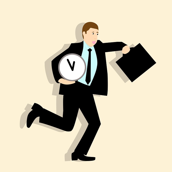a man in a suit running with a briefcase and a clock