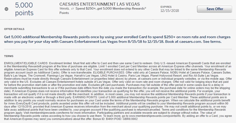 Caesar's Entertainment Amex Offer - Spend $250, Get 5,000 Membership Rewards