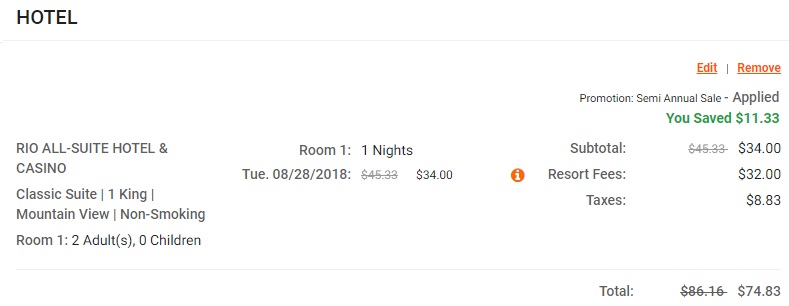 Rio Las Vegas $34 room final price