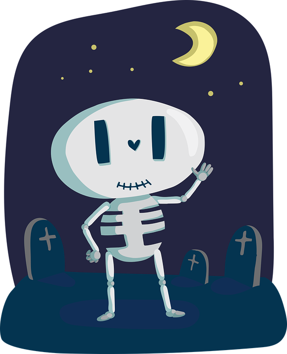 a cartoon of a skeleton standing in a graveyard
