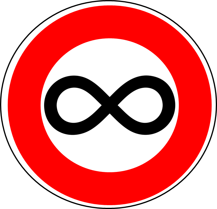 a red circle with black infinity symbol