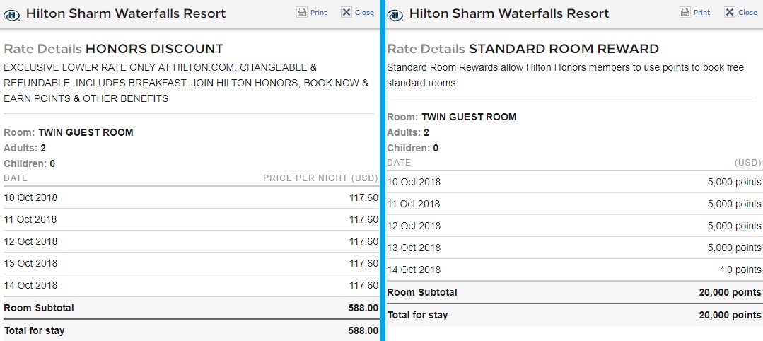 Hilton Sharm Waterfalls Resort Cash vs Points