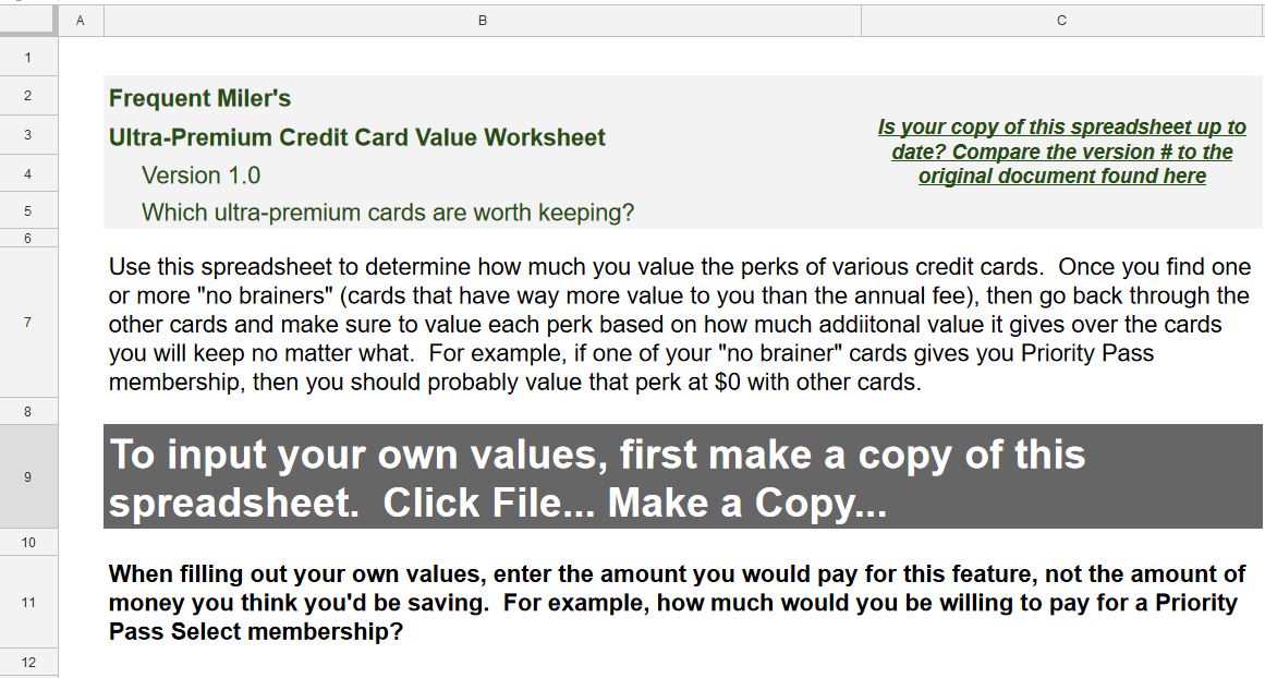a screenshot of a credit card value sheet