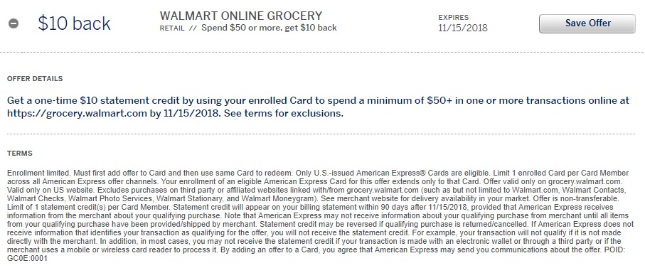 Walmart Online Grocery Amex Offer - $10 Statement Credit