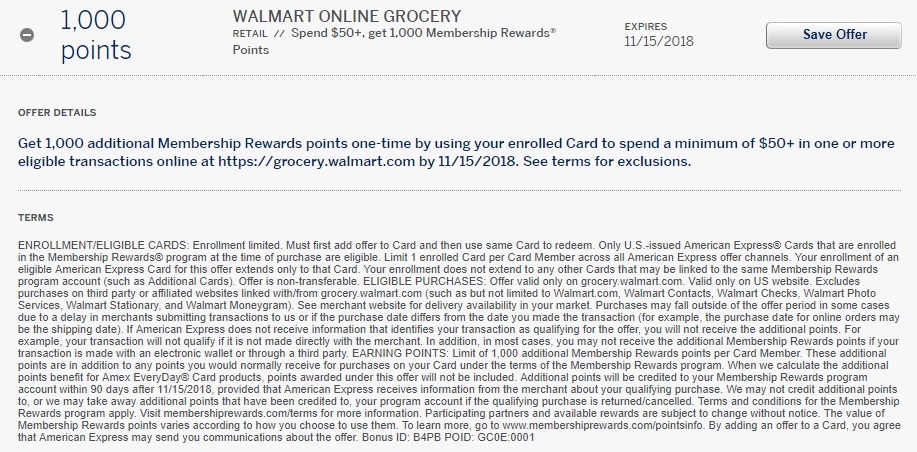 Walmart Online Grocery Amex Offer - 1,000 Membership Rewards