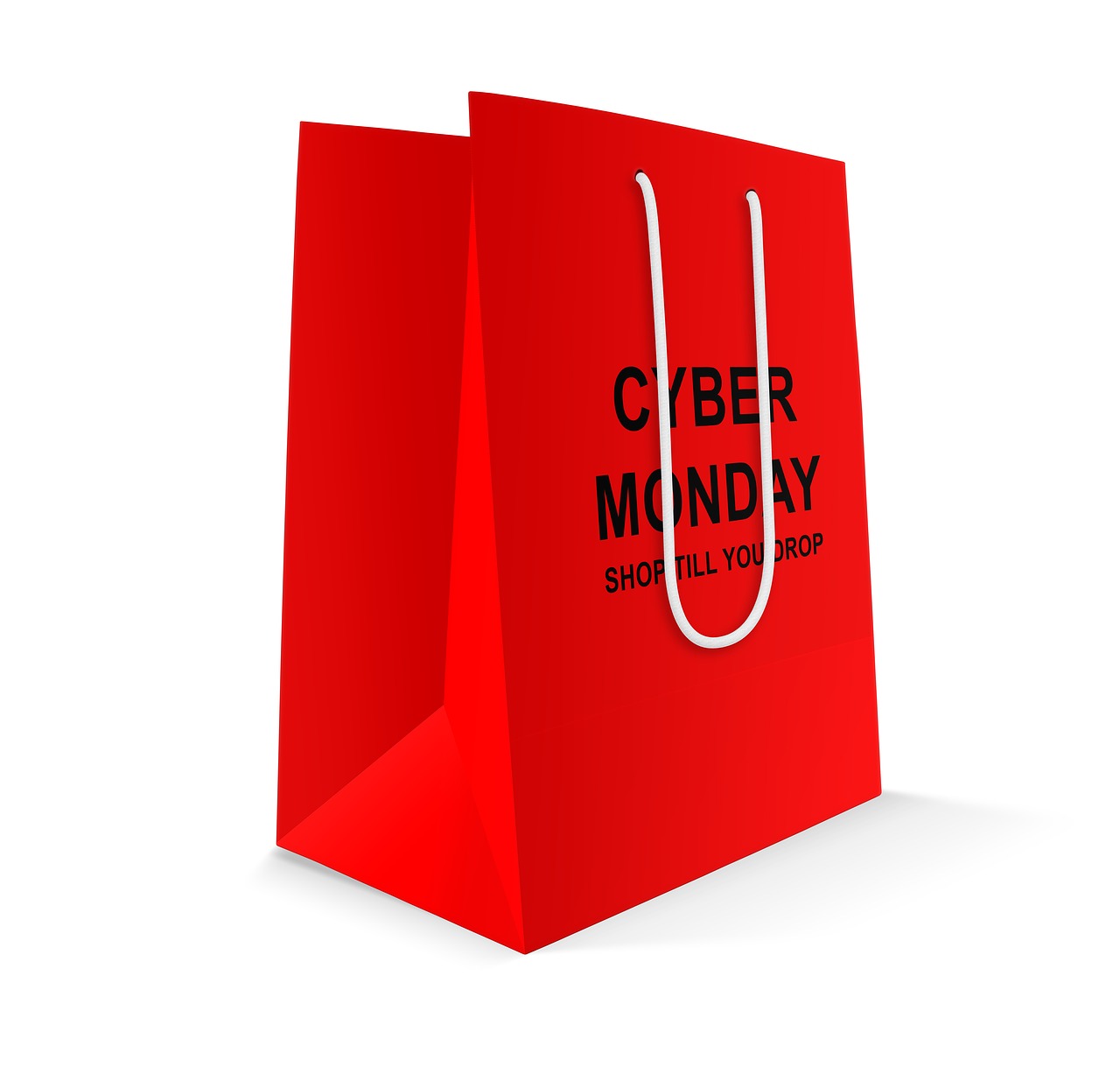 a red shopping bag with black text