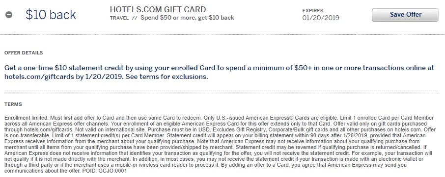 Hotels.com Gift Card Amex Offer