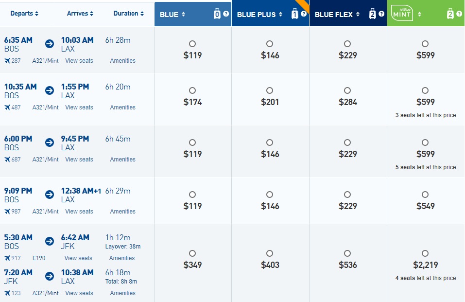 JetBlue BOS-LAX Regular Price