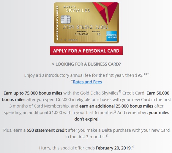 Gold Delta SkyMiles Credit Card 75,000 Miles