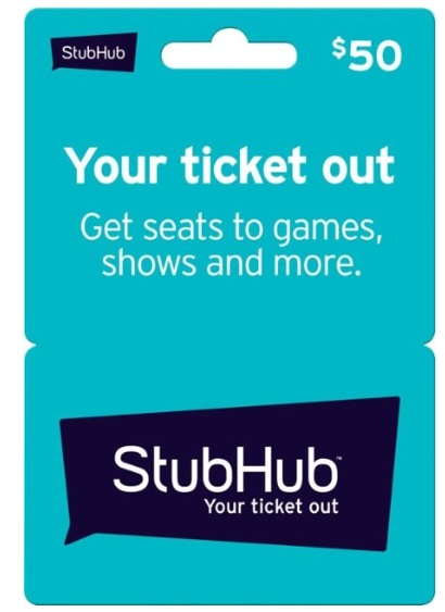 a blue ticket with white text
