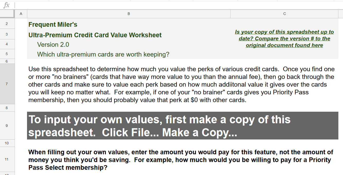 a screenshot of a credit card value worksheet