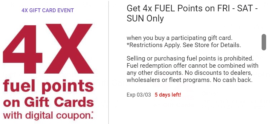 Kroger 4x Fuel Points Third Party Gift Cards