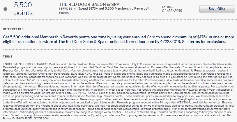 The Red Door Salon & Spa Amex Offer - 5,500 Membership Rewards