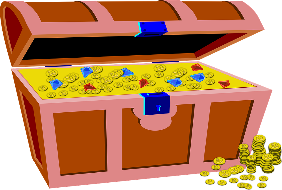 a treasure chest with gold coins and diamonds
