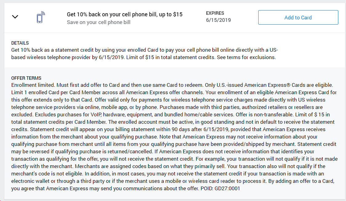 Cell Phone Amex Offer 10% $15 Back