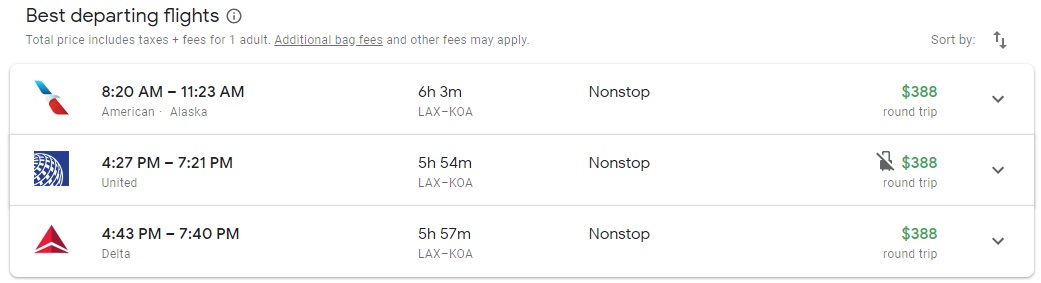 Delta Los Angeles to Kona 29k April Main Cabin cash prices