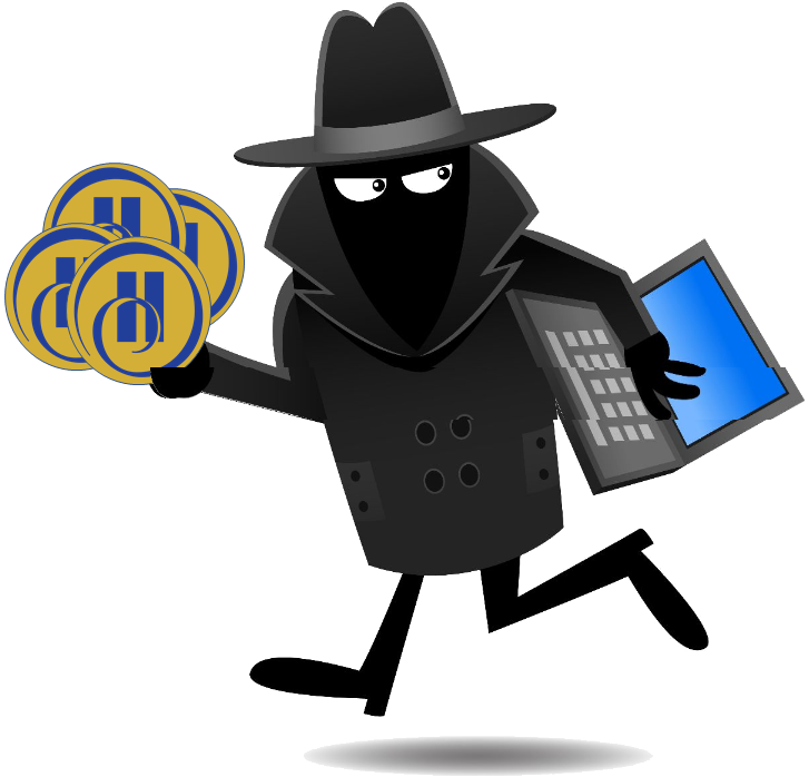 a cartoon of a hacker holding coins and a laptop