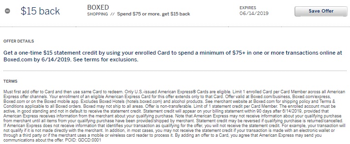 Boxed Amex Offer $15 Statement Credit