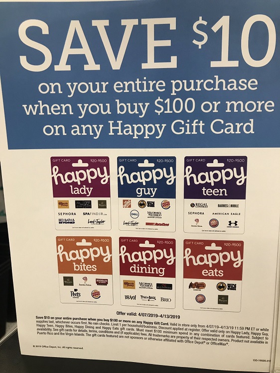 Office Depot $10 Off $100 Happy Gift Cards