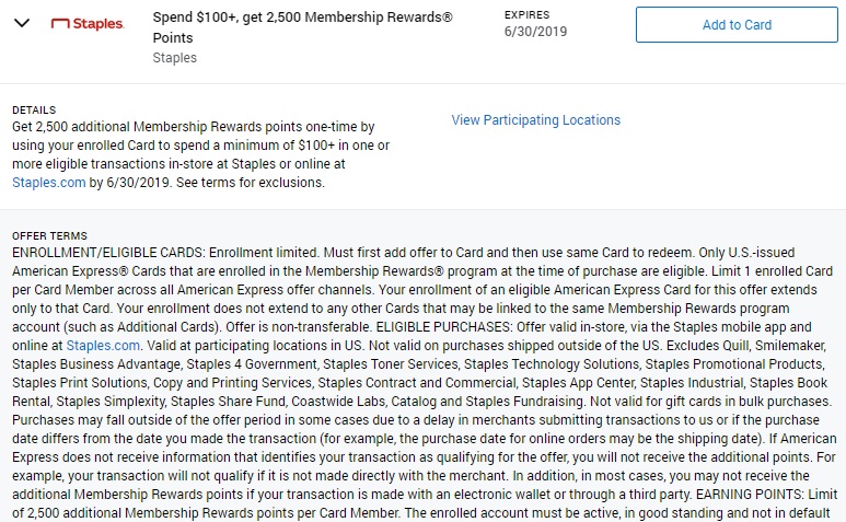 Staples Amex Offer Spend $100 Get 2,500 Membership Rewards
