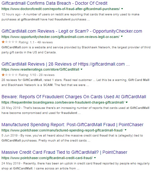 GiftCardMall Fraud Google Resutls