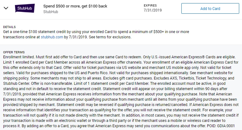 StubHub Amex Offer Spend $500, Get $100 Back