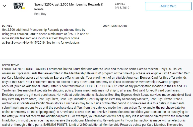Best Buy Amex Offer Spend $250 Get 2,500 Membership Rewards