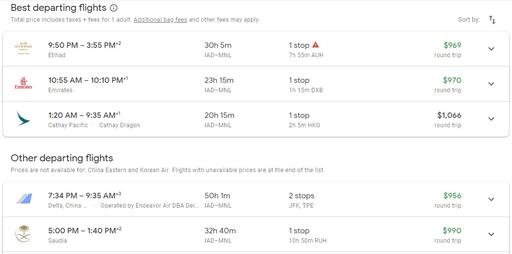 Emirates IAD-MNL options on Google Flights