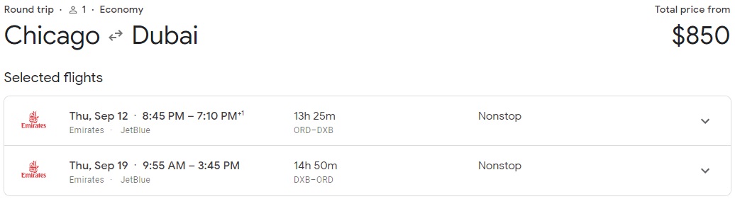 Emirates ORD-DXB total on Google Flights