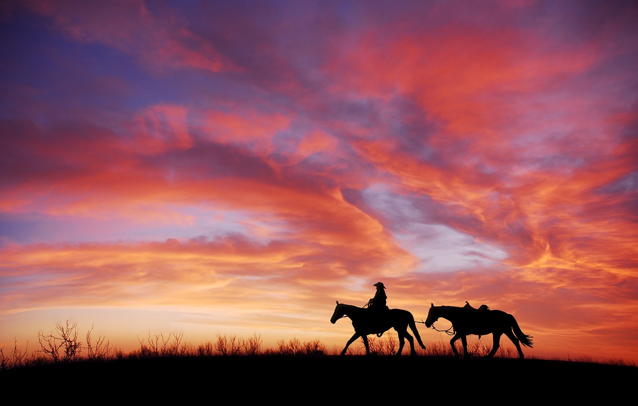 a man riding a horse with a sunset in the background