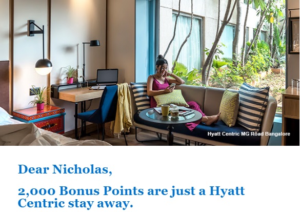 Hyatt Centric 2,000 Bonus Points