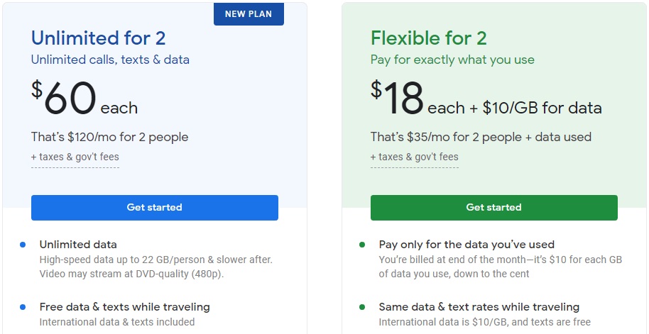 Google Fi Unlimited Plans for 2 people