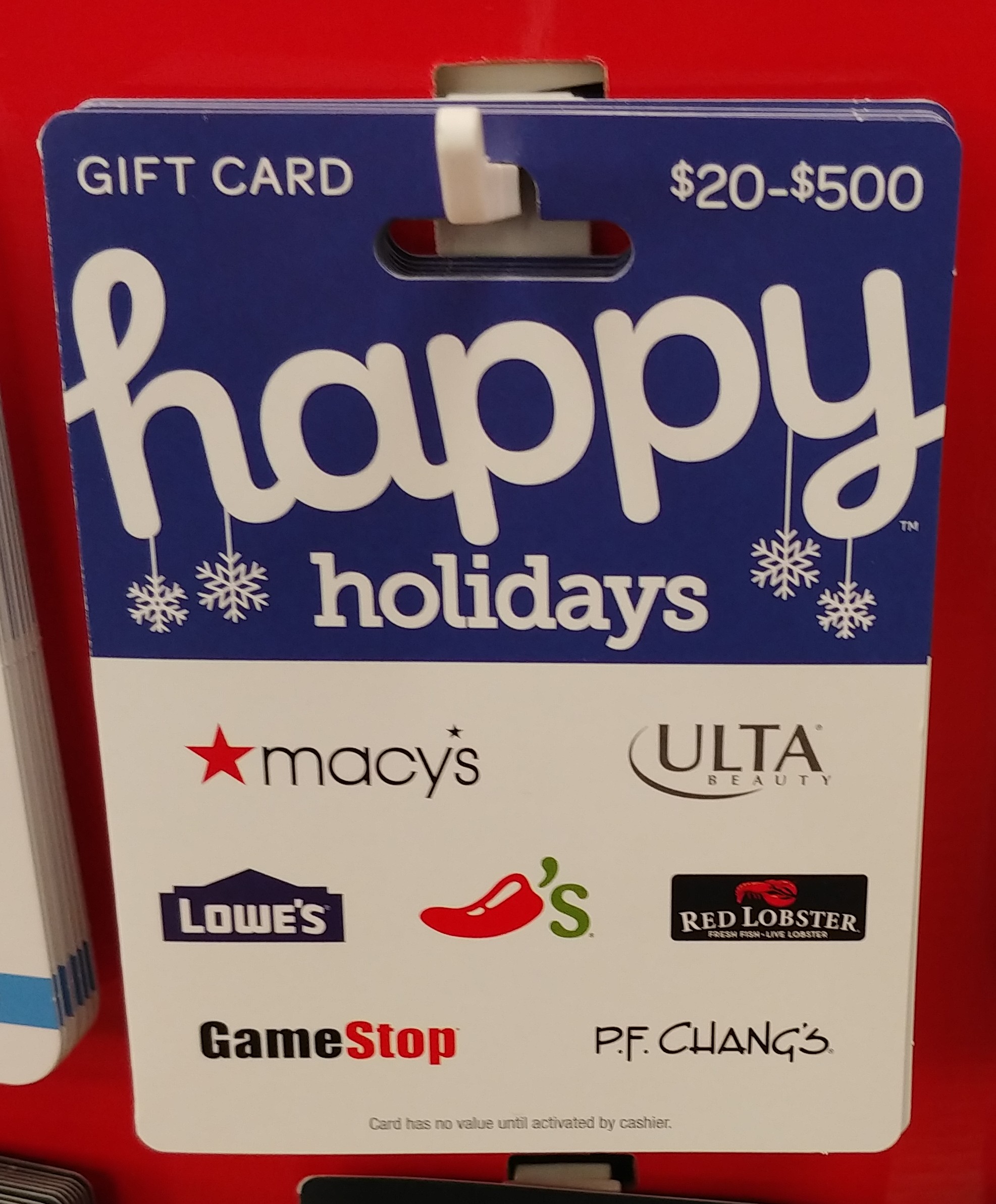 a blue and white gift card with white text
