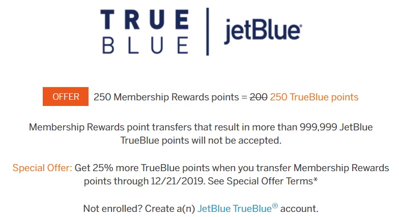 American Express Membership Rewards Transfer Bonus JetBlue TrueBlue