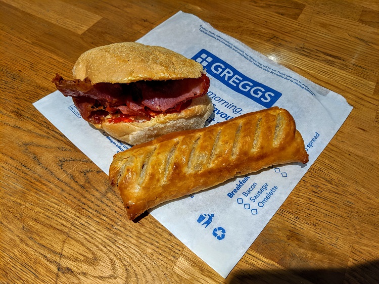Bacon roll and sausage roll from Greggs in London