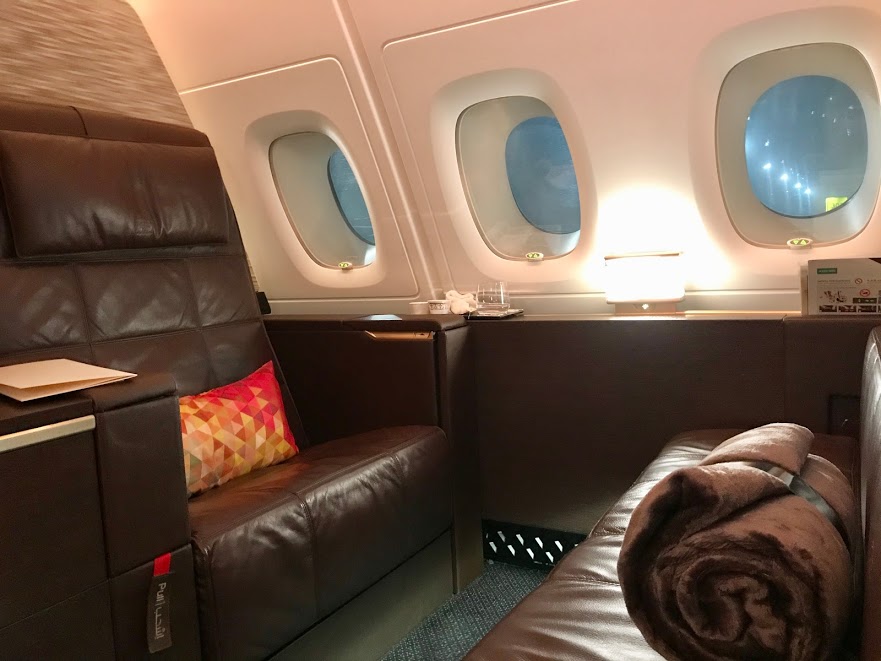 a leather couch in an airplane