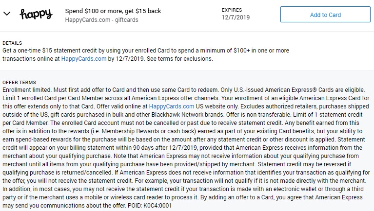 Happy Gift Cards Amex Offer Spend $100 Get $15 Back