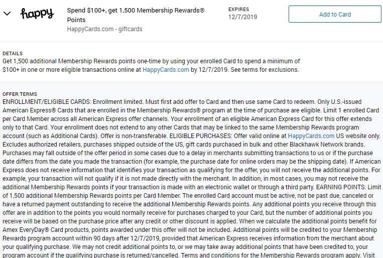Happy Gift Cards Amex Offer Spend $100 Get 1,500 Membership Rewards